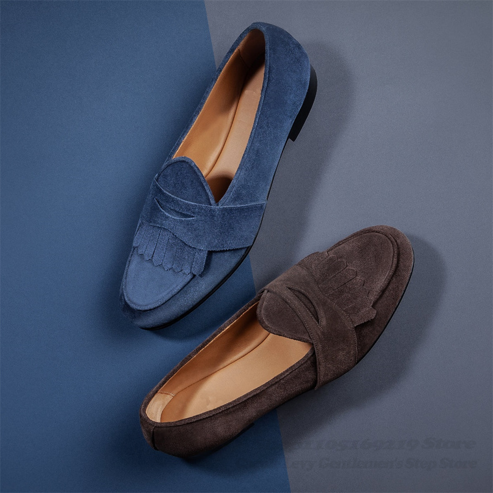 Men'S Shoes Navy Blue - الأزرق الداكن الجلد المدبوغ المتسكعون الرجال